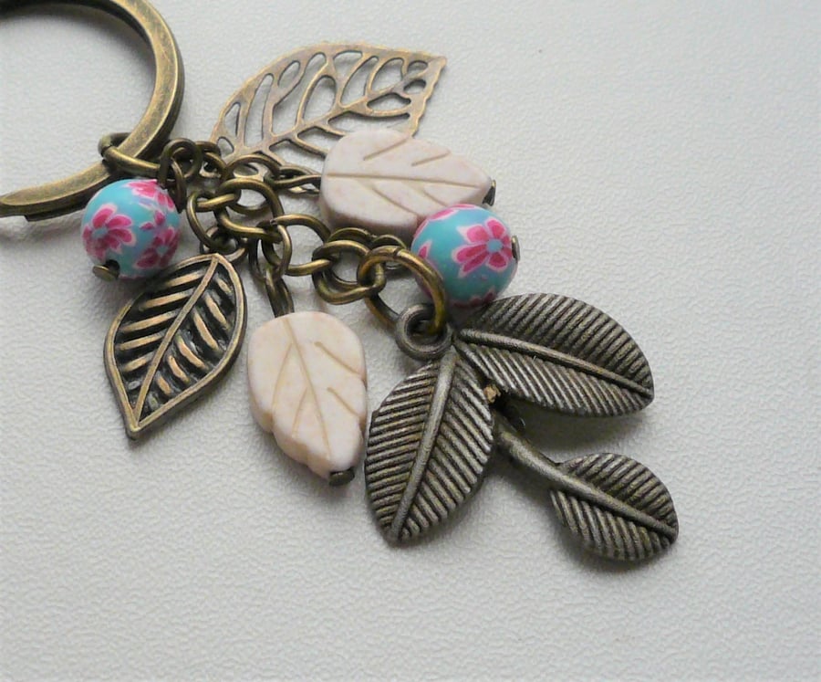 Blue Pink Cream Antique Bronze Leaf Howlite Poly Clay Keyring Bag Charm  KCJ2276