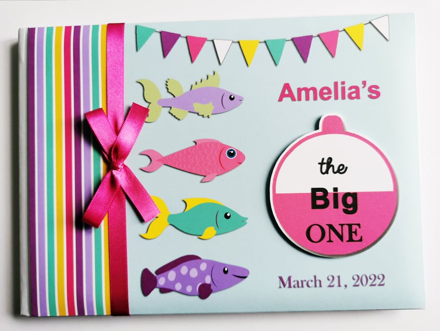 Fishing birthday guest book, Big One birthday book, girl fishing party book