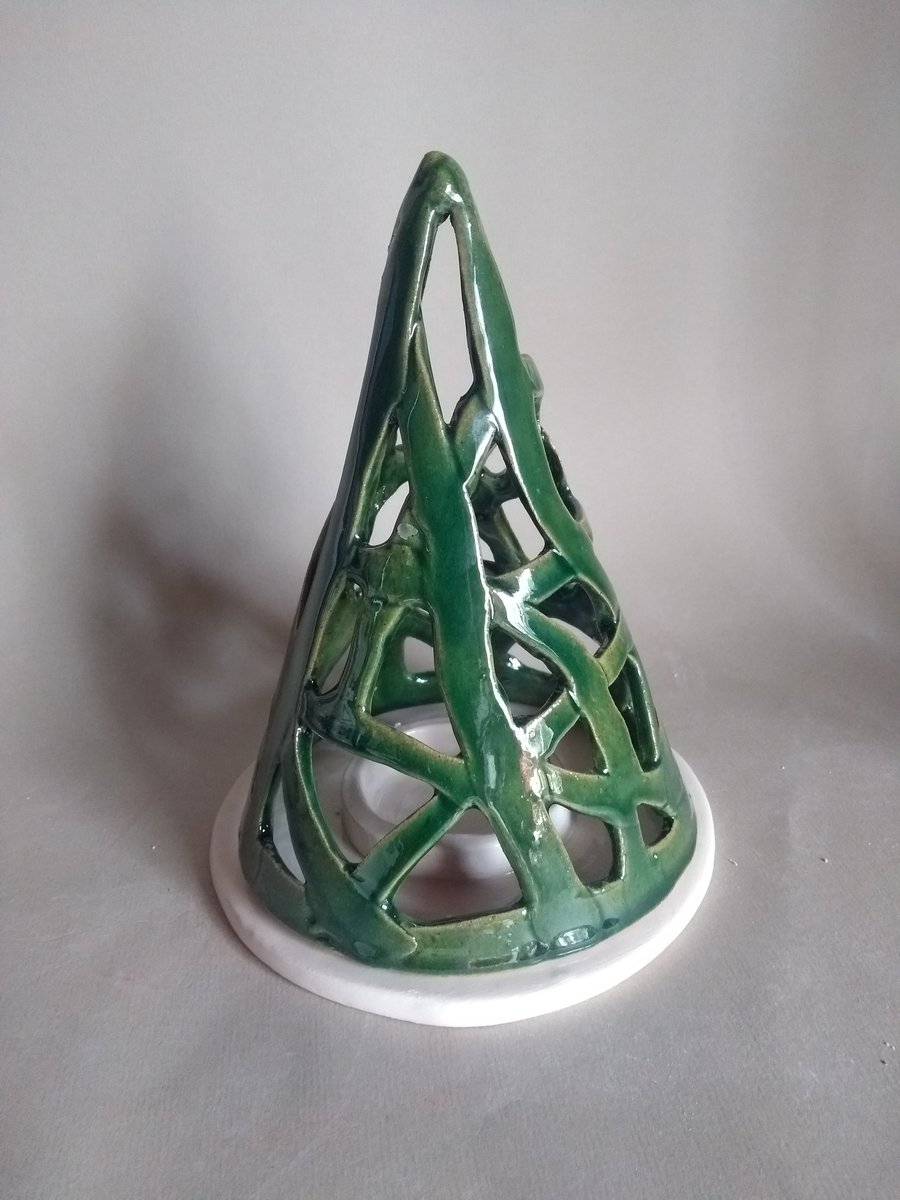 Ceramic hand made quirky green christmas tree lantern or tealight
