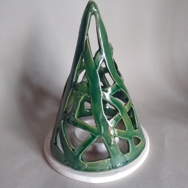 Ceramic hand made quirky green christmas tree lantern or tealight