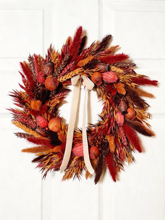 Autumn Brown Red & Orange Dried Wreath 35cm – Harvest Door Decor with Velvet Rib