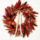 Autumn Brown Red & Orange Dried Wreath 35cm – Harvest Door Decor with Velvet Rib