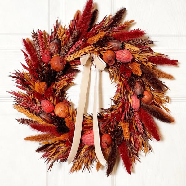 Autumn Brown Red & Orange Dried Wreath 35cm – Harvest Door Decor with Velvet Rib