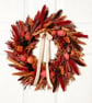 Autumn Brown Red & Orange Dried Wreath 35cm – Harvest Door Decor with Velvet Rib