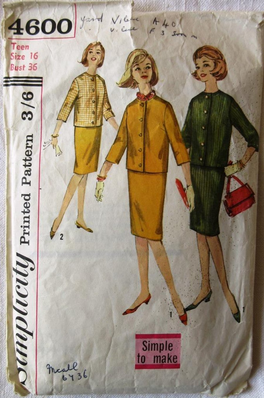A vintage sewing pattern for a teen's skirt and jacket (suit) in size 16 