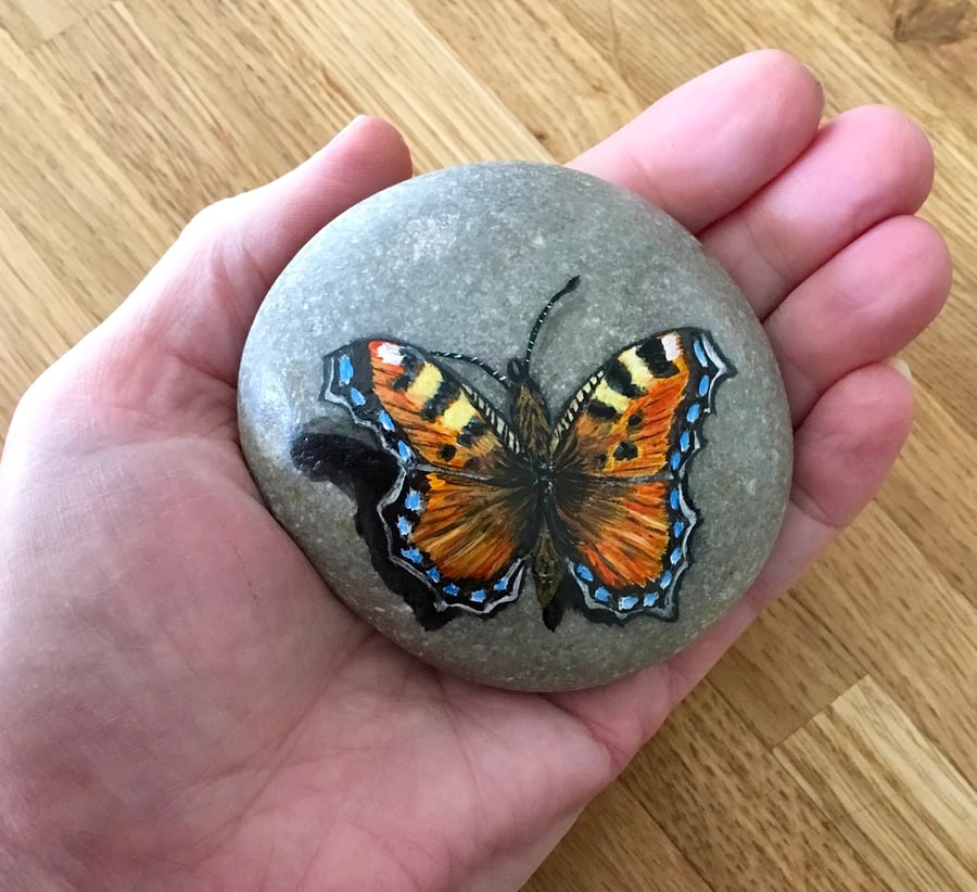 Butterfly hand painted pebble garden rock art wildlife portrait 