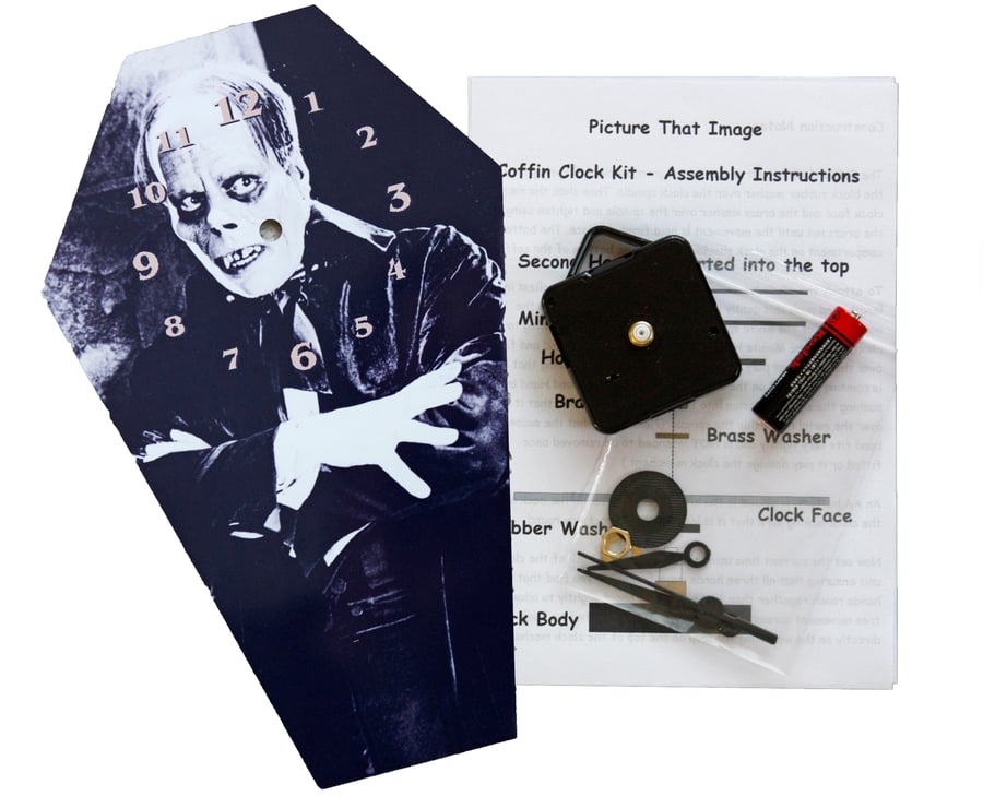 DIY Coffin shaped wall Clock Kit - Lon Chaney Snr as Count Dracula