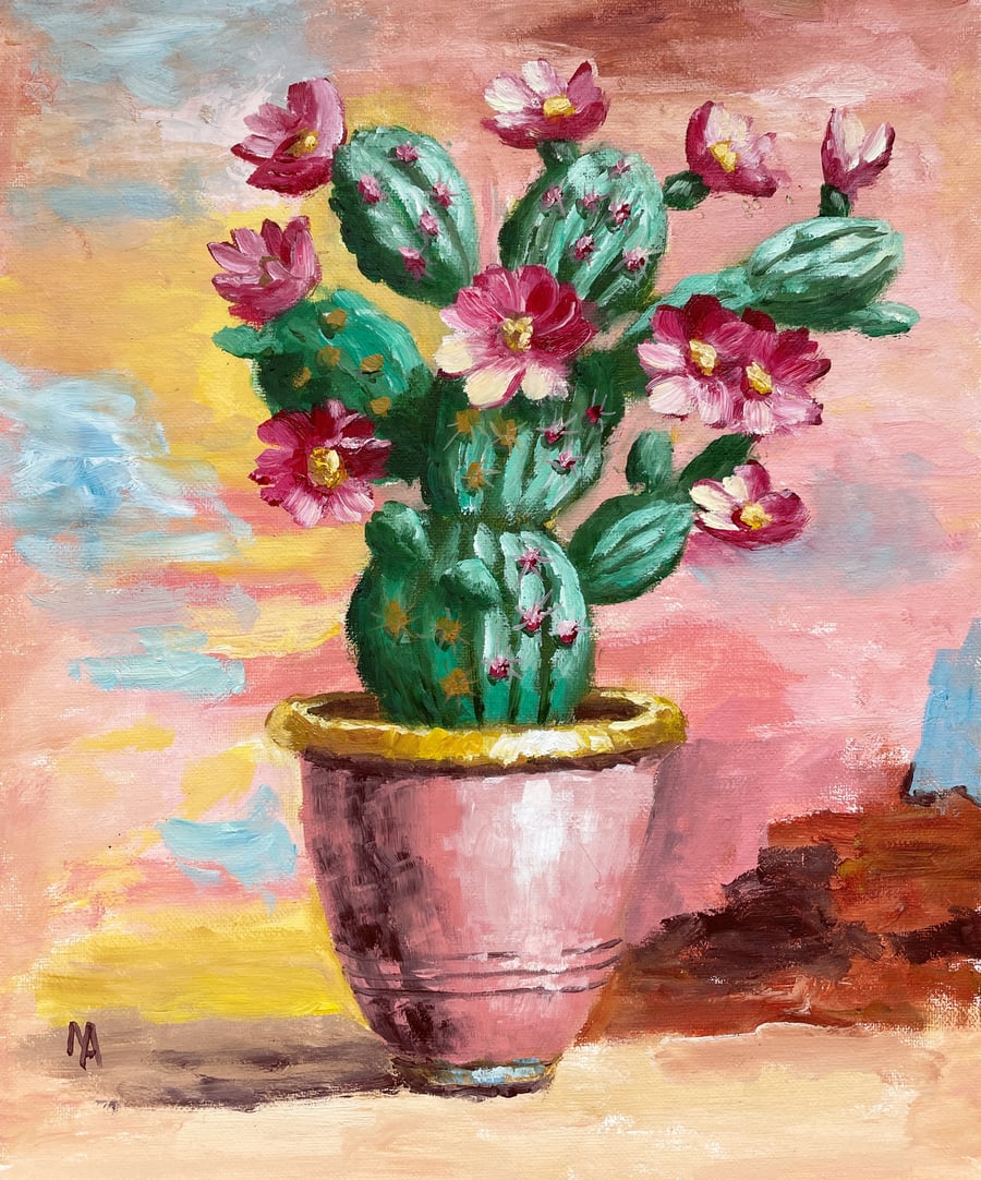 Cactus Mania 1 – Original Oil Painting of a Blooming Cactus in Pink Pot 