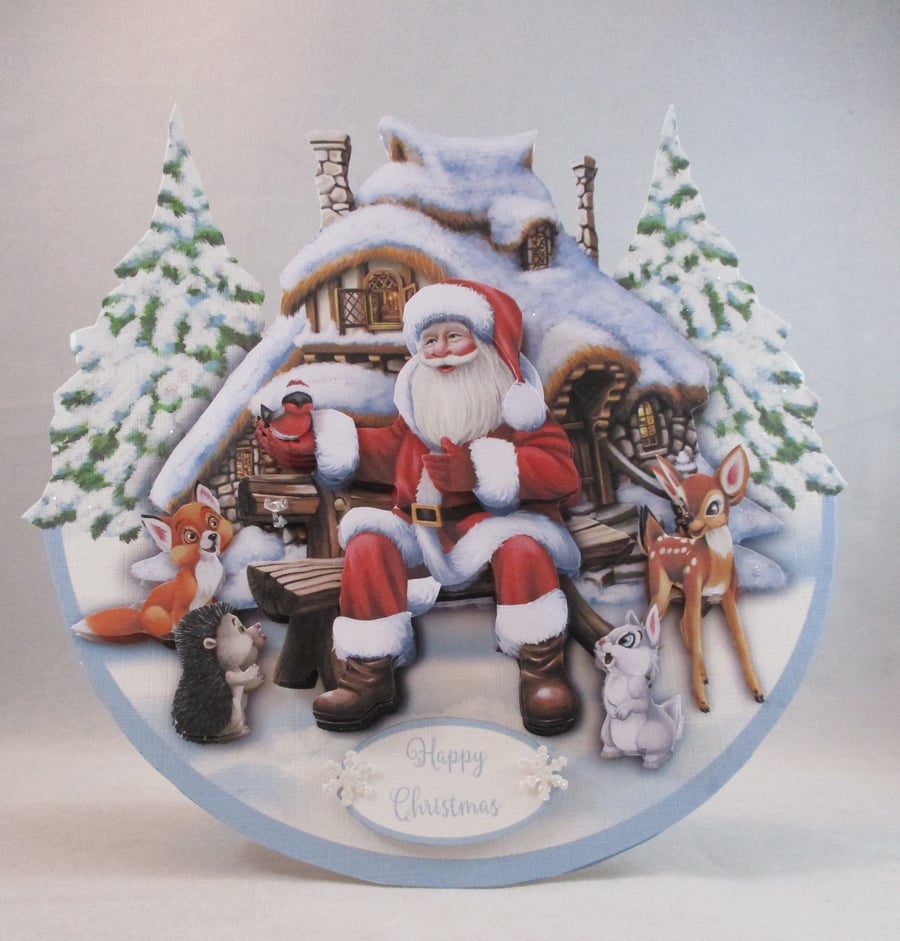 Handmade Santa Claus and forest animals Rocker Christmas Card, 3D,Decoupage