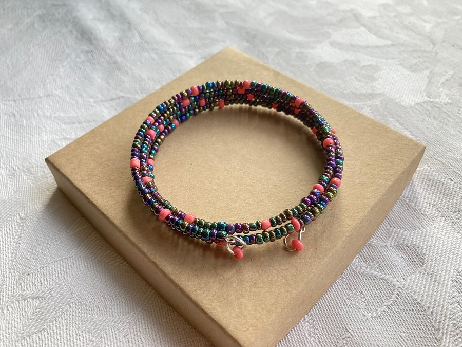 Peacock & Coral memory wire bracelet 