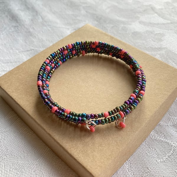 Peacock & Coral memory wire bracelet 