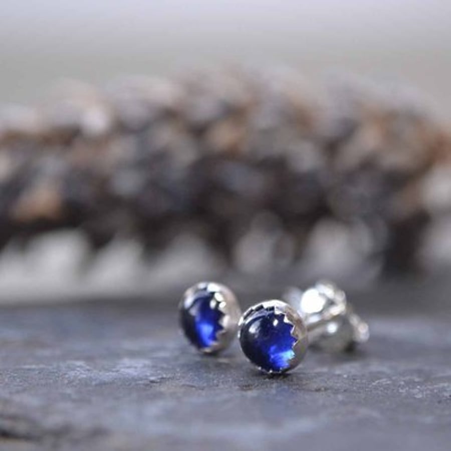Sapphire and sterling silver handmade studs- September birthstone