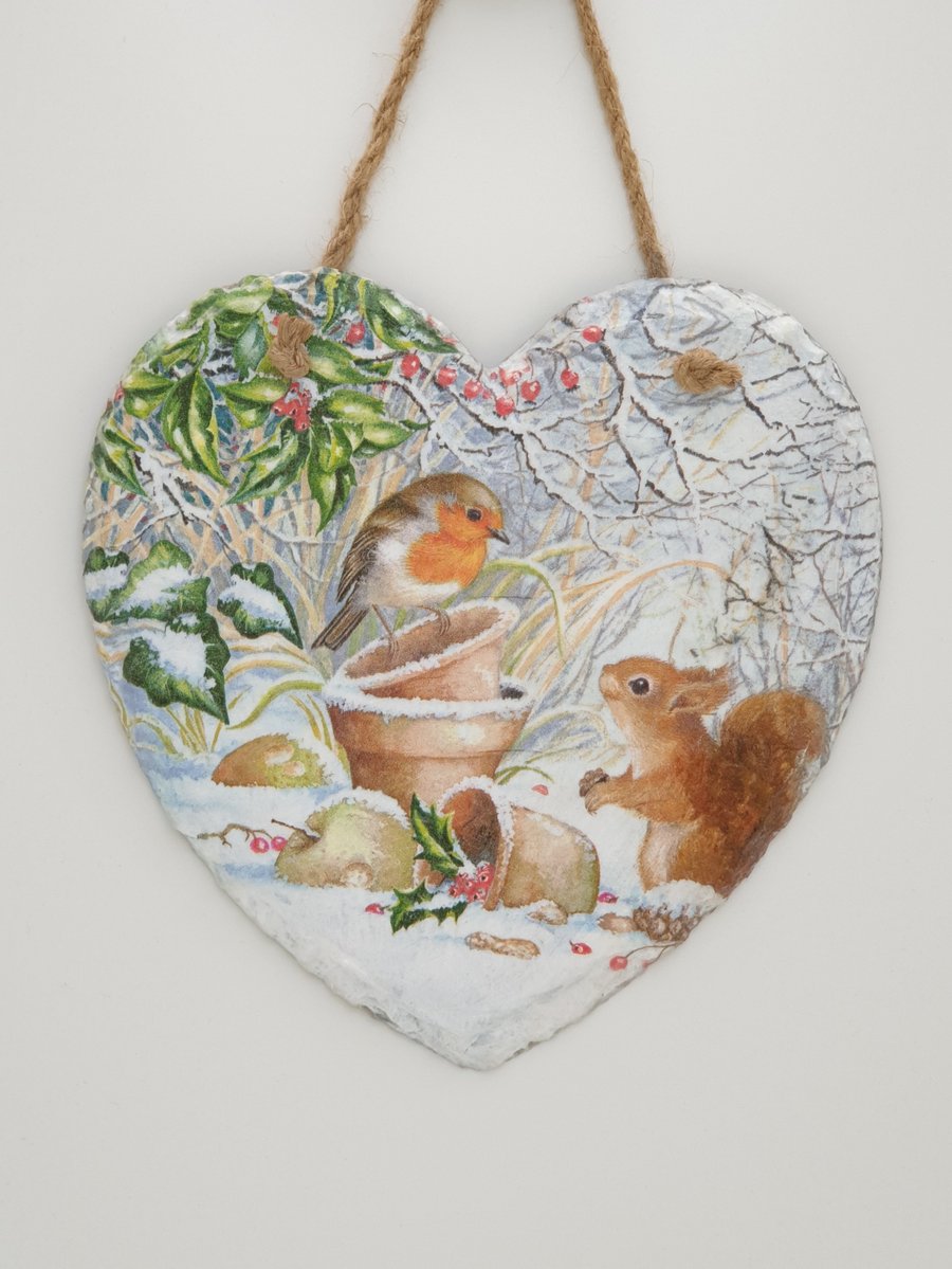 Robin Christmas hanging decoration, large slate heart Christmas gift
