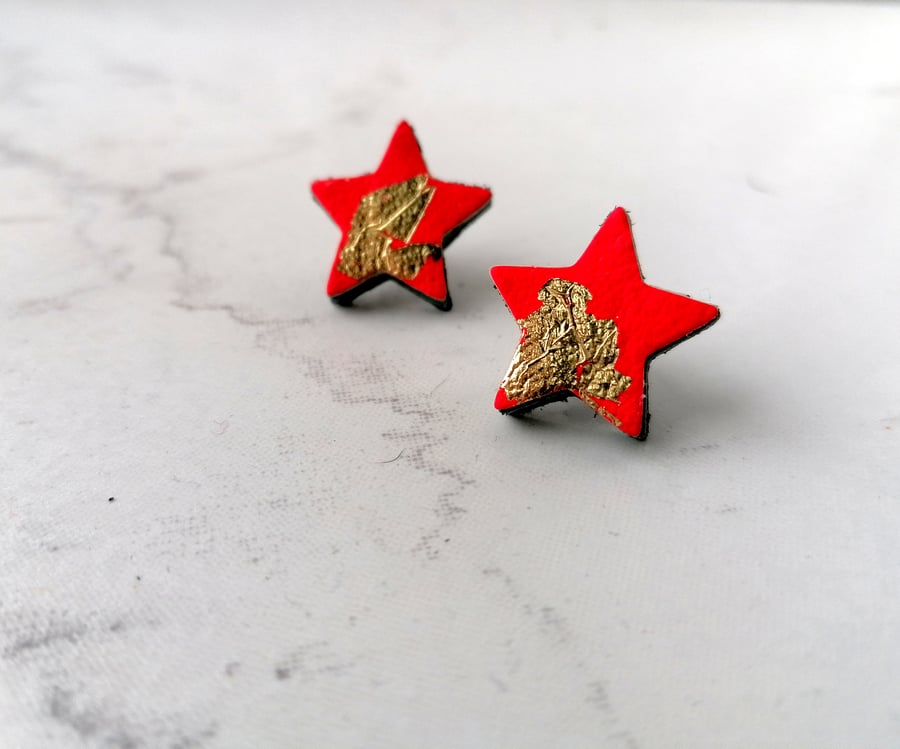 Gold Leaf Leather Star Stud Earrings - Rio Red