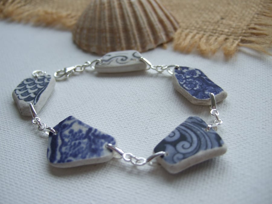 Scottish sea pottery bracelet, beach pottery jewellery, blue pattern bracelet