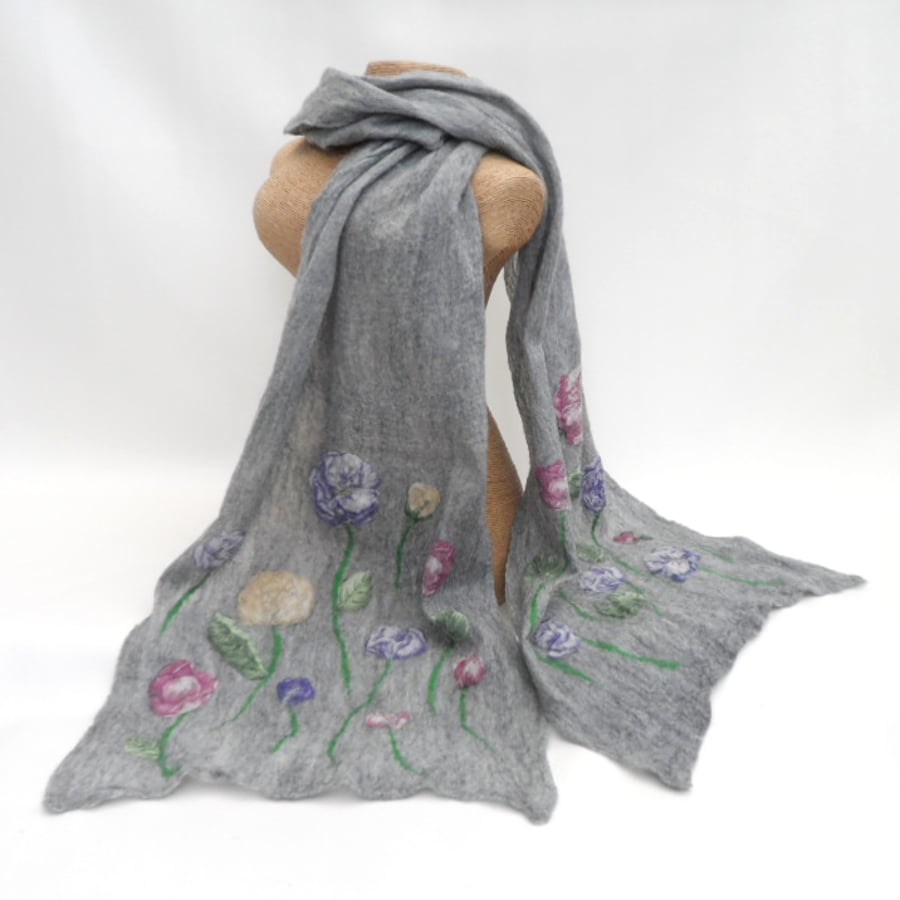 Long grey merino wool nuno felted scarf with chiffon flower inclusions