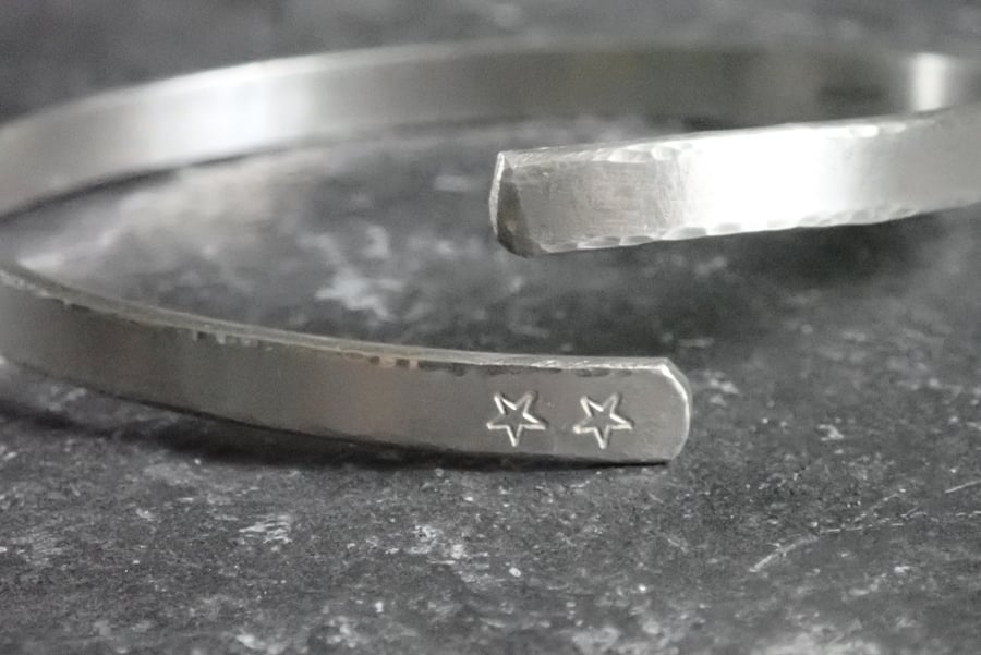 HUG and Star Bangle, Secret HUG Message, Recycled Sterling Silver, Stamped