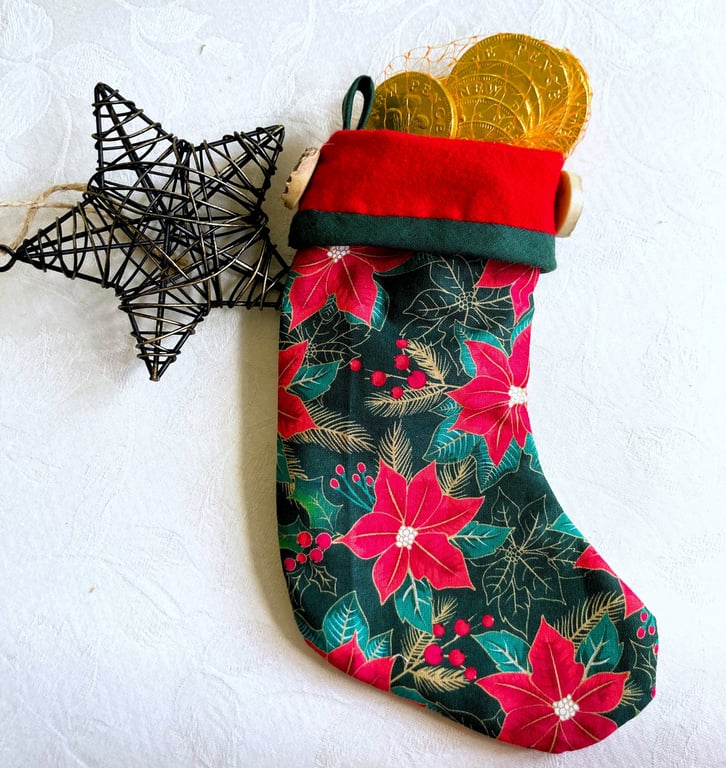 Mini Christmas Stocking (Cream holly print vs Green Poinsettia print)