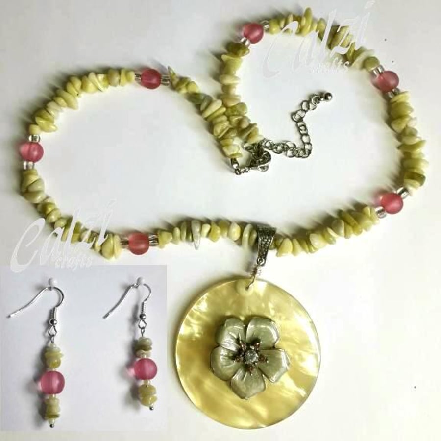 Upcycled Vintage Button & Lemon Jade Necklace & Earrings
