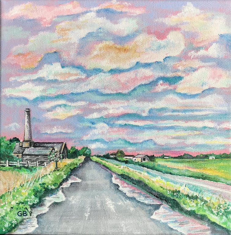 Original Landscape Painting, Fenland Landscape, Big Sky, Fenland Dykes.