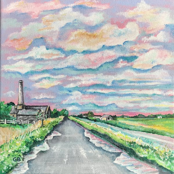 Original Landscape Painting, Fenland Landscape, Big Sky, Fenland Dykes.