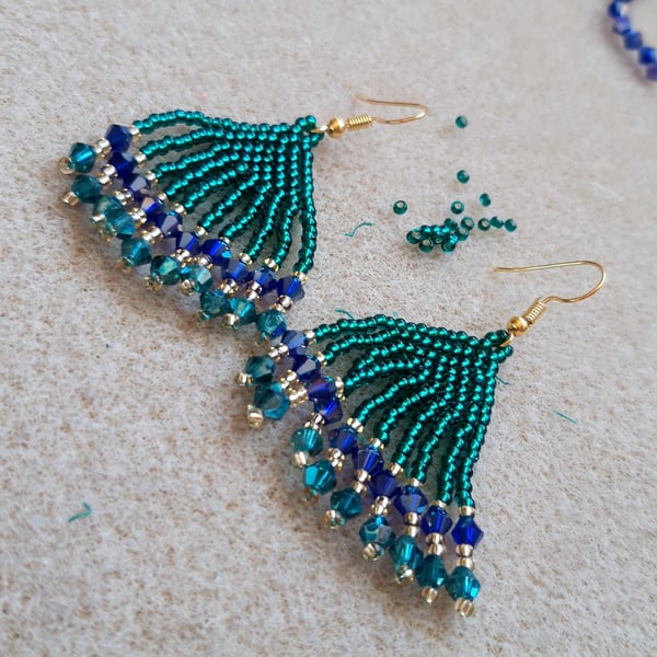Green & Blue Tassel Beadwork Earrings