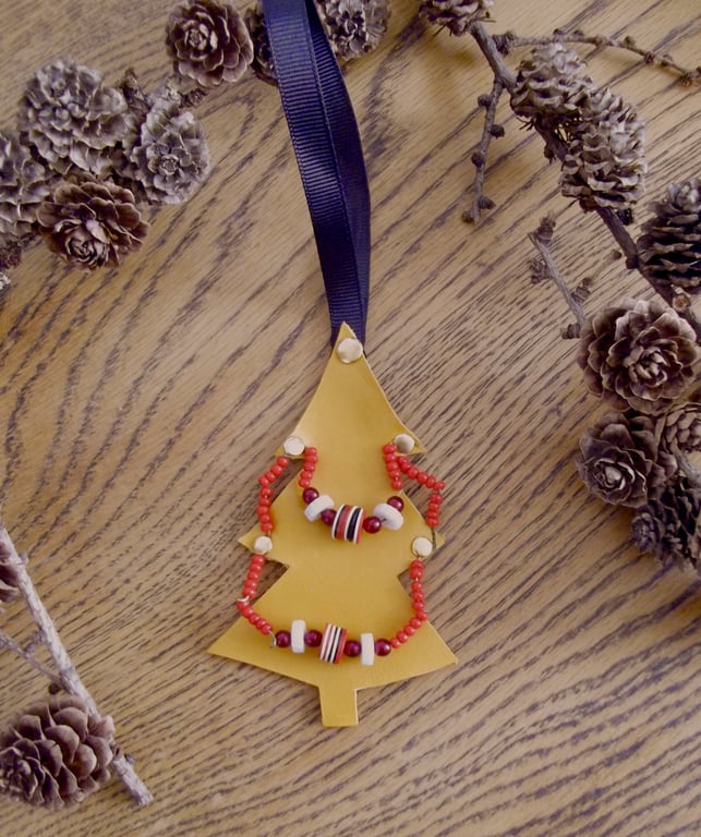 Beaded Christmas Tree Decoration Leather Mustard, Red White and Black