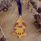Beaded Christmas Tree Decoration Leather Mustard, Red White and Black