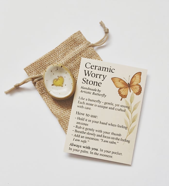 Ceramic Worry Stone – White Gloss with Yellow Heart