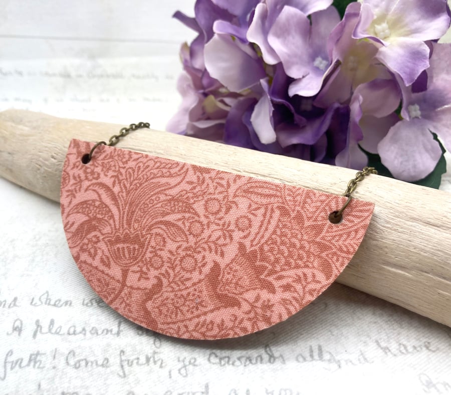 Pink Indian pattern statement semi-circular necklace William Morris lover