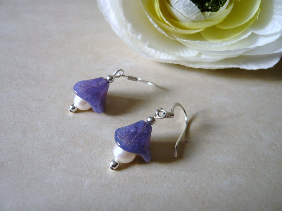Purple Flower and Pearl Earrings