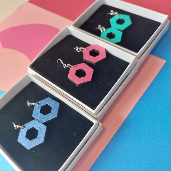 Dangly open hexagon colourful earrings