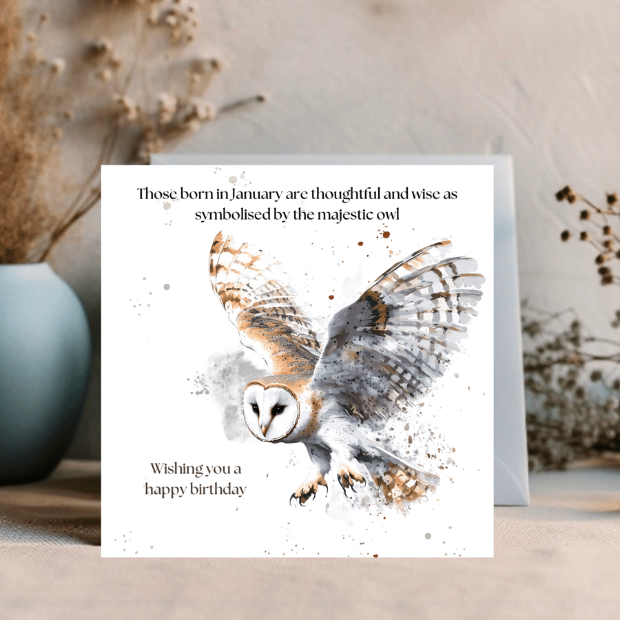  Owl Watercolour printed greetings card for a January Birthday