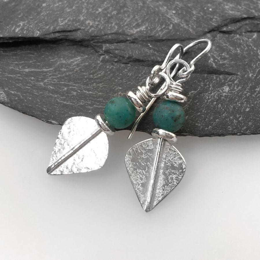 Silver and teal cupric chrysocolla leaf spear earrings
