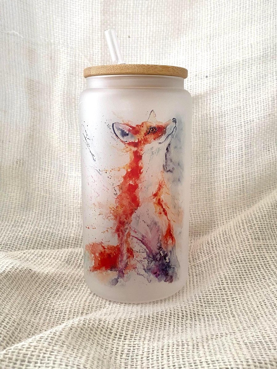 Fox Frosted Glass Tumbler with Bamboo Lid & Straw, 500ml Can Drinks Glass. 