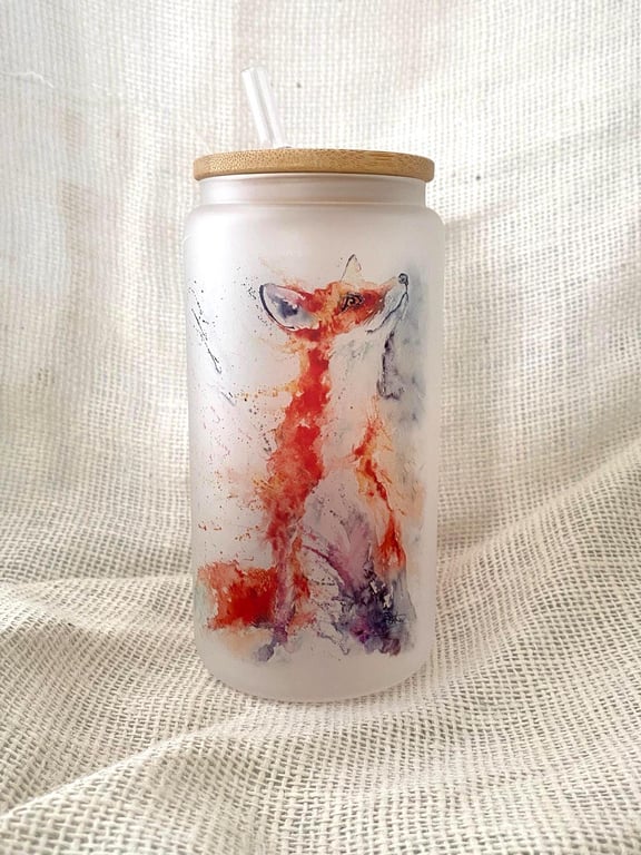 Fox Frosted Glass Tumbler with Bamboo Lid & Straw, 500ml Can Drinks Glass. 