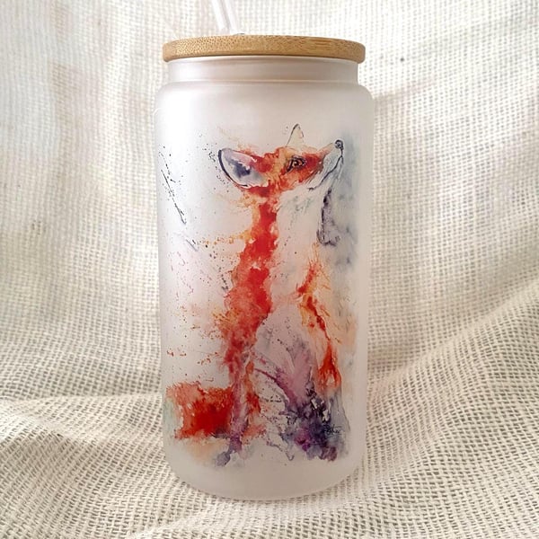 Fox Frosted Glass Tumbler with Bamboo Lid & Straw, 500ml Can Drinks Glass. 