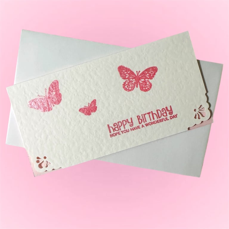 Luxury birthday card with pink butterflies and matching pink insert. 