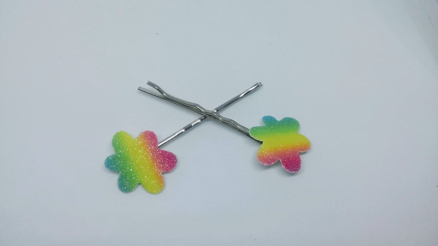 Rainbow glitter fabric flower bobby pins