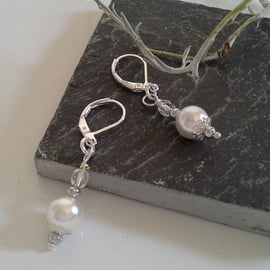 Dainty Ivory White Shell Pearl & Crystal Lever Back Earrings