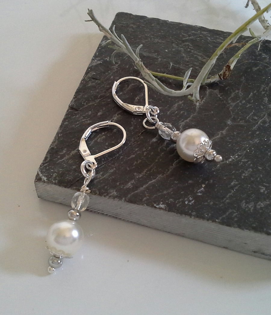 Ivory White Shell Pearl & Crystal Lever Back Earrings