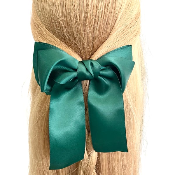 Green silky satin hair bow barrette clip for women