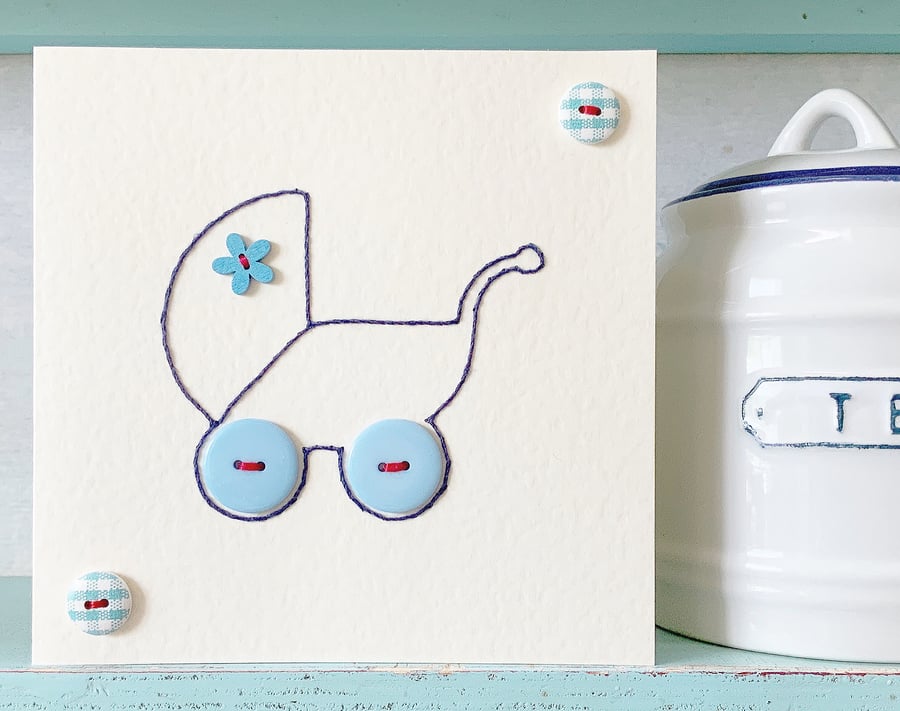 Hand Sewn Card. Baby Boy Card. Baby Shower Card. New Baby Card. Blank Card