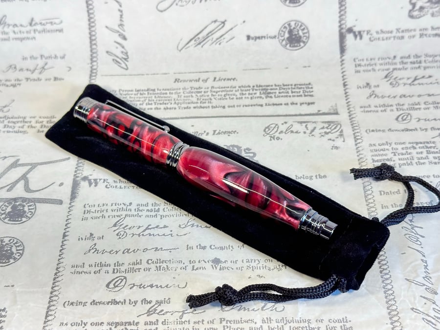 Dark Chrome, red & black resin Rollerball Pen