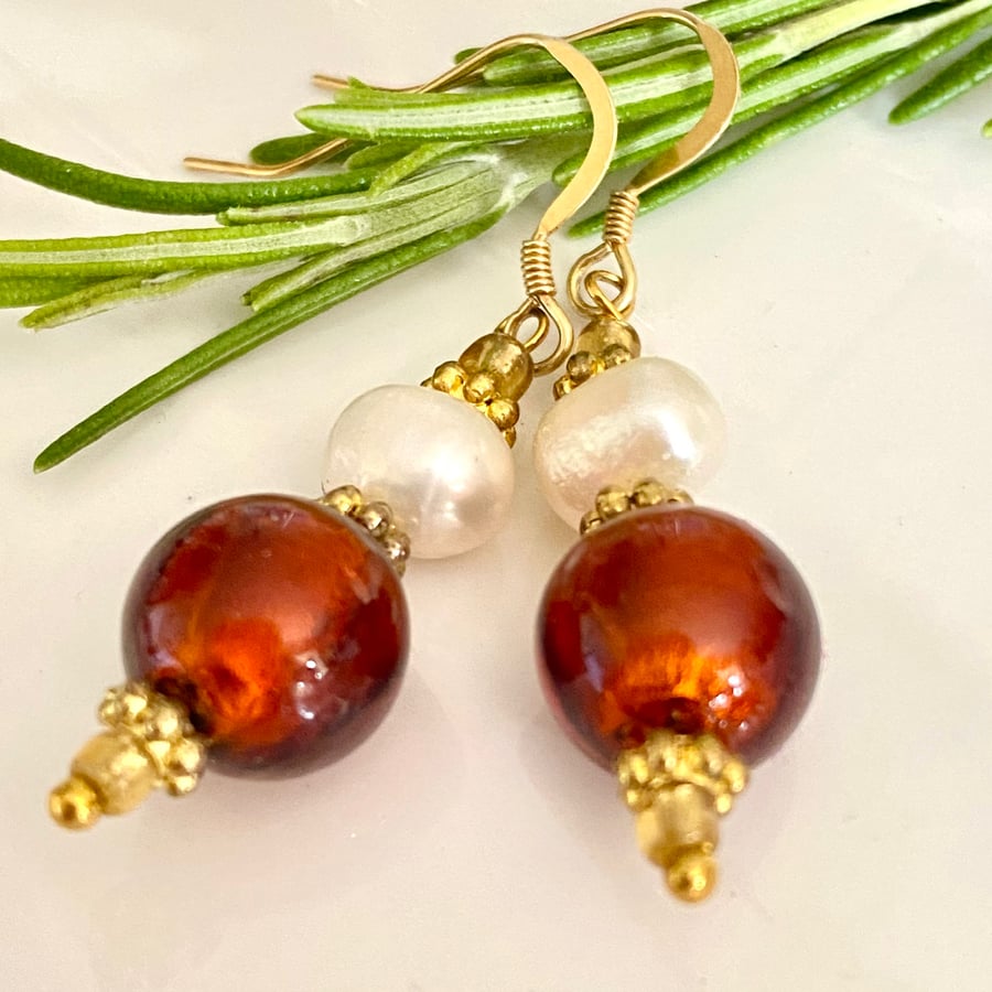 Pearl Venetian Glass Drop Earrings Gold Vermeil Earrings Gift MOTB