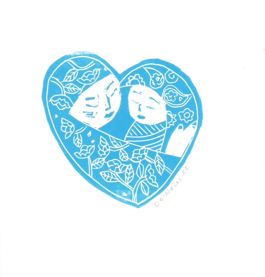 Sweet Heart  in pale   Small Blue Lino Print - Mothers Day Gift