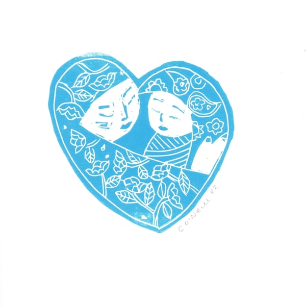 Sweet Heart  in pale   Small Blue Lino Print - Mothers Day Gift