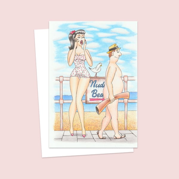 Nudist Beach Greetings Card: Hand Drawn Postcard Style Artwork (802)