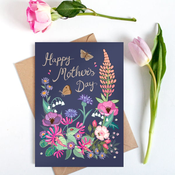 Happy Mother's Day, Large, A5 sized Navy Botanical Card