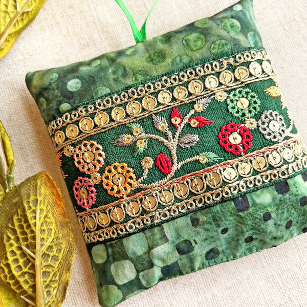 A pretty batik lavender bag with embroidered trim, scented gift, 